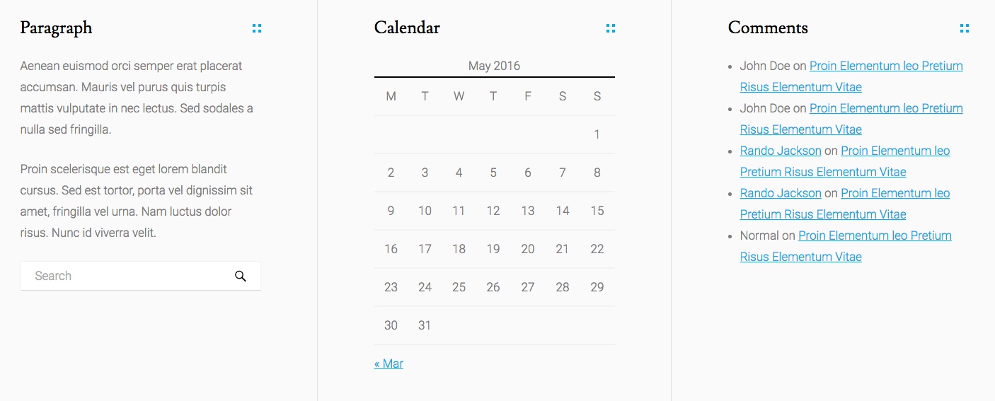 Three columns of footer widgets in Arroyo.