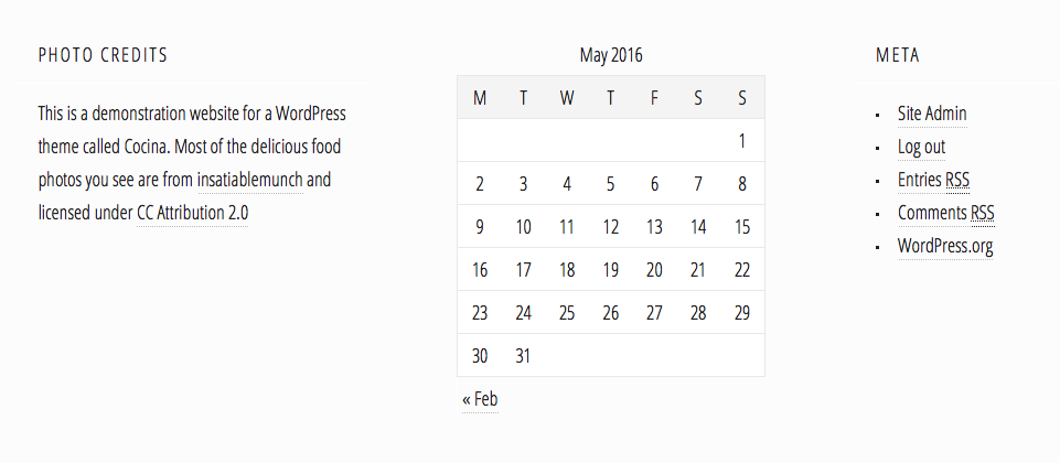 Three columns of footer widgets in Cocina.