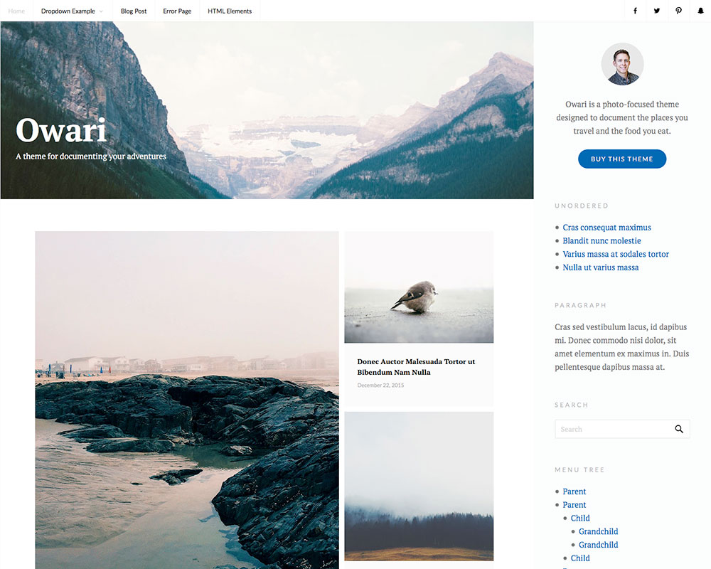 Owari: A WordPress Theme for Travel Bloggers and Foodies desktop screenshot
