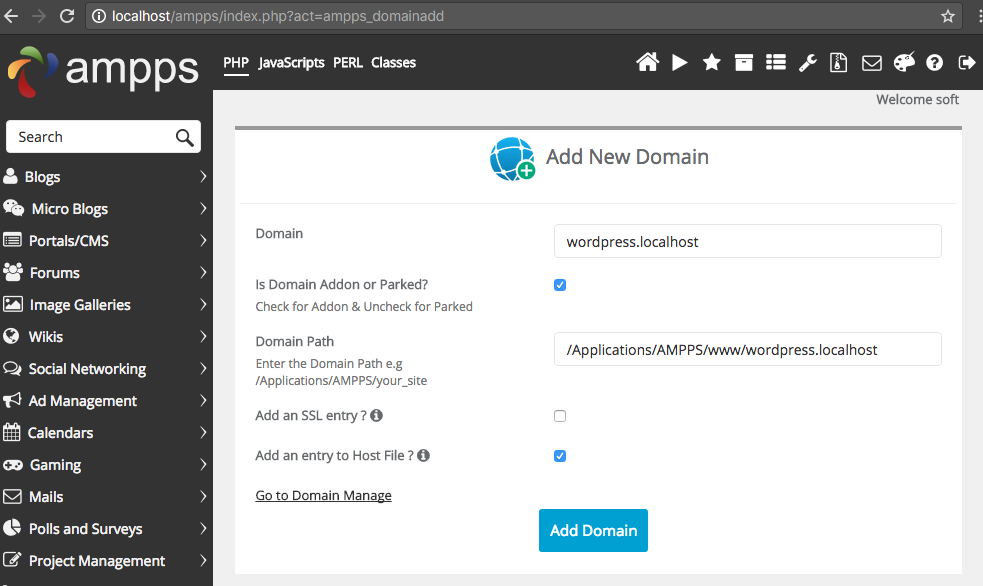 Adding a domain in AMPPS