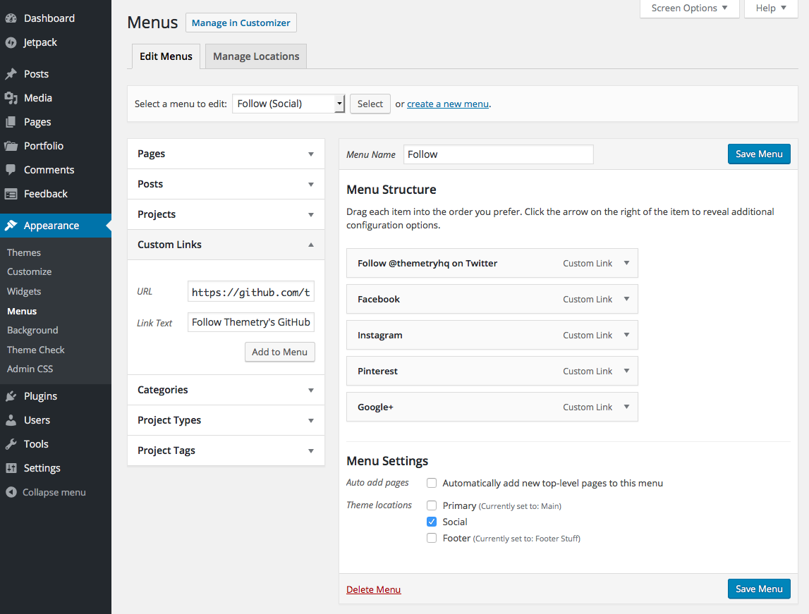 WordPress social nav menu creation